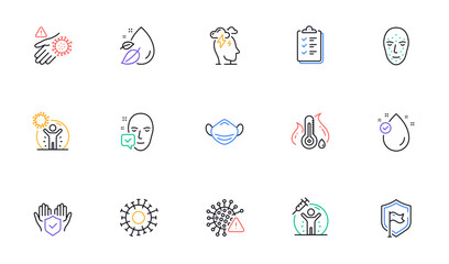 Stress, Wash hand and Coronavirus protection line icons for website, printing. Collection of Vaccine protection, Water drop, Insurance hand icons. Checklist, Coronavirus. Vector
