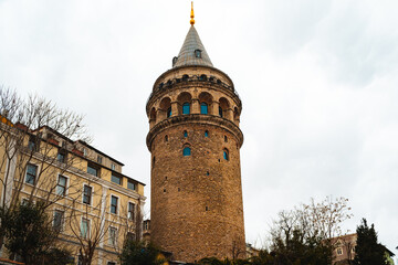 Fototapeta na wymiar View of Galata Tower on a cloudy day in Istanbul