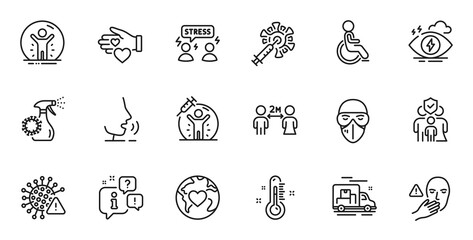 Outline set of Stress, Thermometer and Disability line icons for web application. Talk, information, delivery truck outline icon. Include Volunteer, Social distancing, Coronavirus spray icons. Vector