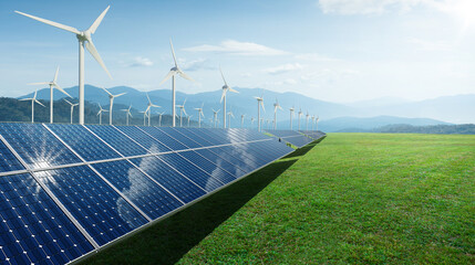 Solar panels and wind generators under blue sky - obrazy, fototapety, plakaty