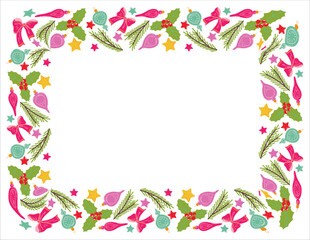 Fototapeta na wymiar Illustration with colorful Christmas toys. Festive template with place for text. Vector illustration for postcards, banners and invitations. Happy holiday background.