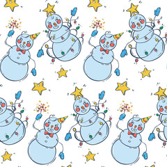 Seamless pattern with snowmen with colored lights and sparklers. Cute character design. Christmas vector background. Festive vector illustration.