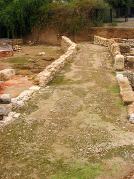 Athens, Greece - A pathway in the Roman Agora of Athens, which was used as a marketplace.  Image has copy space.