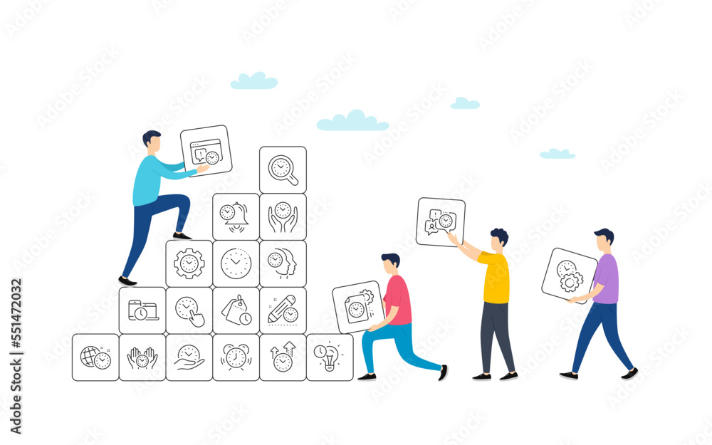 Poster time management line icons. people team work concept. alarm clock, timer plan and project deadline s