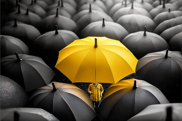 yellow umbrella stand out from the crowd of many black umbrellas