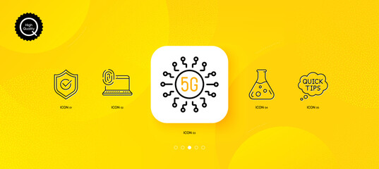 Fototapeta na wymiar Chemistry lab, Approved shield and Quick tips minimal line icons. Yellow abstract background. 5g technology, Computer fingerprint icons. For web, application, printing. Vector