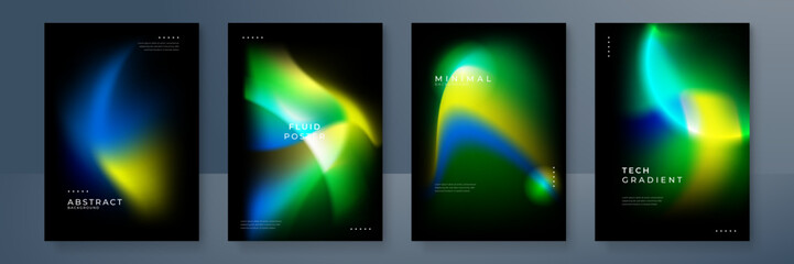 Fototapeta premium Blurred backgrounds set with modern abstract blurred yellow green orange gradient pattern on black background. Smooth templates for brochure, poster, banner, flyer and card. Vector illustration.