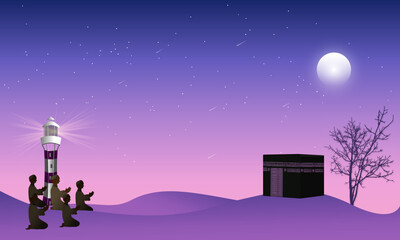 Naklejka premium Muslim pilgrimage praying on Jabal Rahmah mountains at Arafat with Hajj mabrour typography in arabic and english means may Allah accept. Eid Mubarak vector illusttion