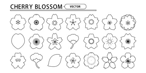 桜の花びらデザインセット 線画 モノクロ ベクター素材