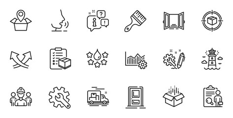 Fototapeta premium Outline set of Package location, Lighthouse and Brush line icons for web application. Talk, information, delivery truck outline icon. Include Open door, Parcel checklist, Engineering icons. Vector