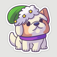 dog wearing a Christmas red sweater with Nordic snowflake pattern vector cartoon illustration or sticker  isolated on white. Funny humorous Christmas, pet lover, pet clothes theme design element.