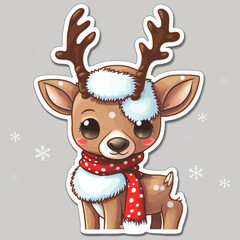 Christmas reindeer red nosed deer cartoon character wearing a Santa Claus hat