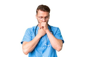 Young nurse man over isolated chroma key background is suffering with cough and feeling bad