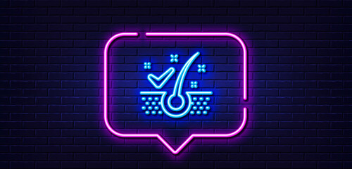 Neon light speech bubble. Anti-dandruff flakes line icon. Dandruff shampoo sign. Clean hair symbol. Neon light background. Anti-dandruff flakes glow line. Brick wall banner. Vector