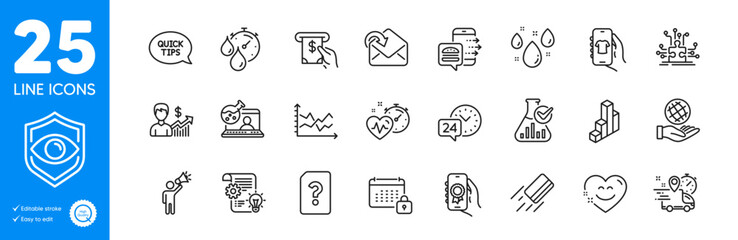 Outline icons set. Safe planet, Atm service and Calendar icons. Timer, Brand ambassador, Shop app web elements. Receive mail, Puzzle options, Quickstart guide signs. Cardio training. Vector