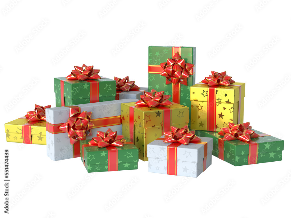 Poster gift boxes of various shapes and sizes, many presents 3d rendering