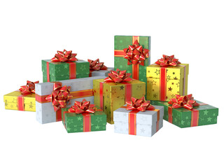 Gift boxes of various shapes and sizes, many presents 3d rendering