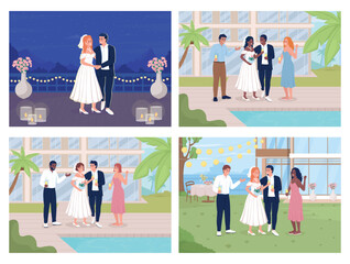 Celebrating all-inclusive wedding at resort flat color vector illustration set. Happy newlyweds. Fully editable 2D simple cartoon characters collection with hotel exterior, night sky on background