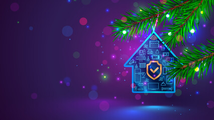 Smart home in shape christmas tree decoration with icons domestic electronic smart devices. Online sale of IOT and Smart Home system in christmas and new year. Safety of household in holiday.