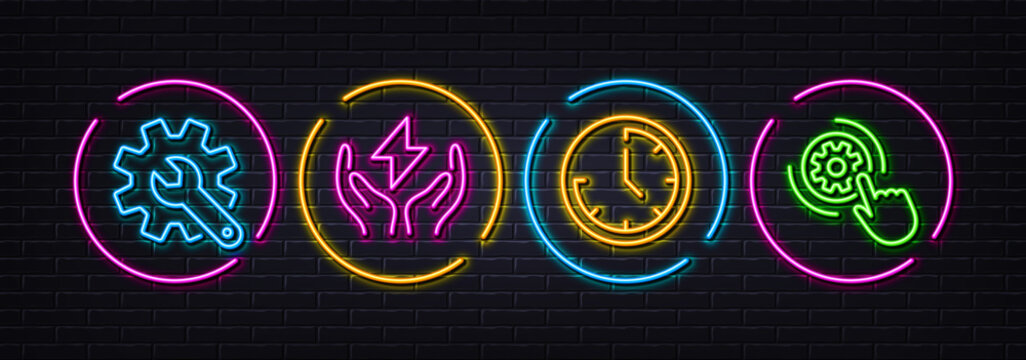 Customisation, Time and Safe energy minimal line icons. Neon laser 3d lights. Cogwheel settings icons. For web, application, printing. Settings, Clock, Thunderbolt. Engineering tool. Vector