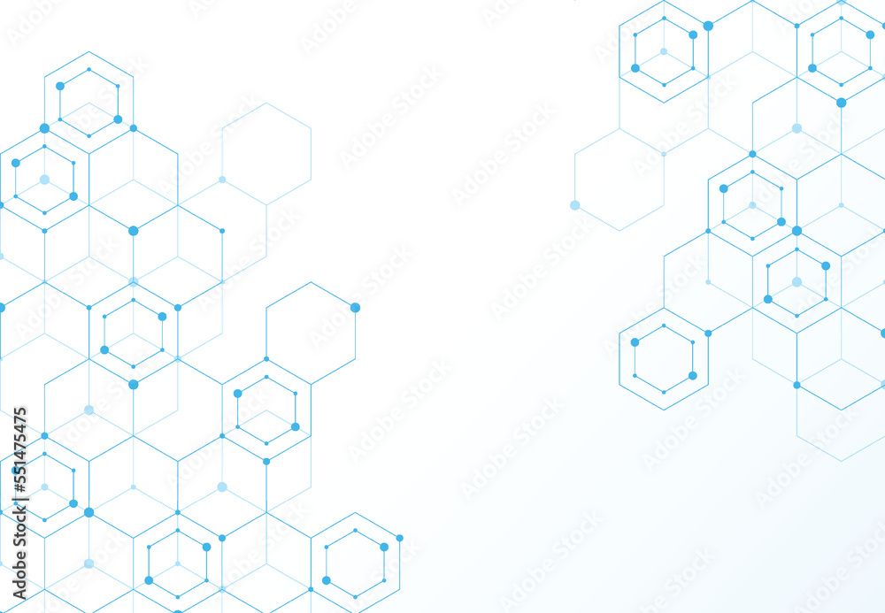 Wall mural abstract hexagonal molecular structures in technology background and science style. medical design. 