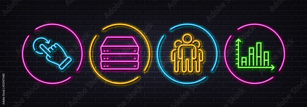 Poster servers, group and rotation gesture minimal line icons. neon laser 3d lights. diagram graph icons. f
