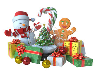 Christmas Santa sledge full of presents and christmas symbols and objects 3d rendering