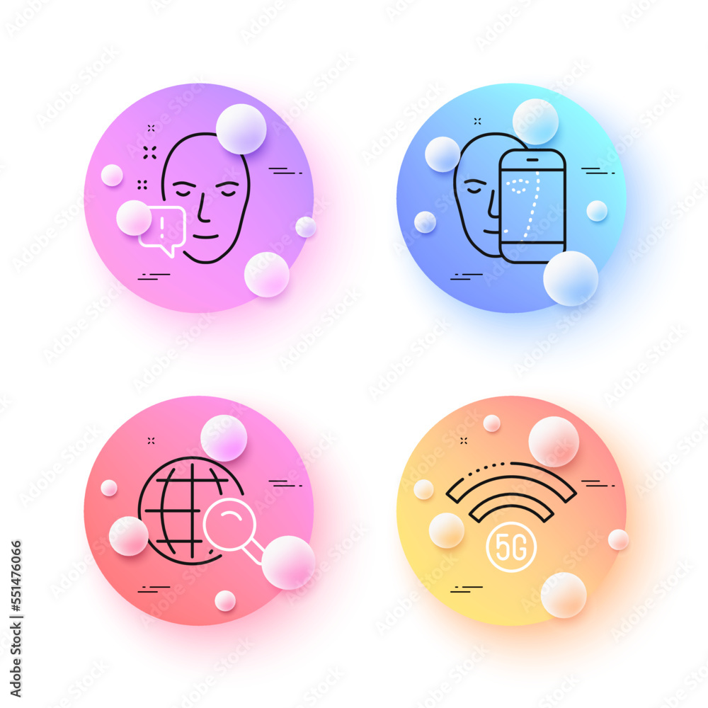 Poster 5g wifi, internet search and face biometrics minimal line icons. 3d spheres or balls buttons. face a