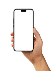 Hand holding smartphone with blank screen and modern frame less design isolated on white