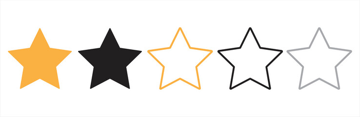 Stars icons set. Stars in linear flat design. Five stars icon. 5 stars yellow, black and grey icons. Gold, black and grey flat icons. Ranking logos. Vector illustration