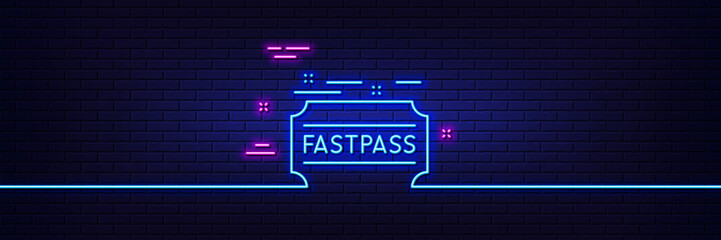 Fototapeta na wymiar Neon light glow effect. Fastpass line icon. Amusement park ticket sign. Fast track symbol. 3d line neon glow icon. Brick wall banner. Fastpass outline. Vector