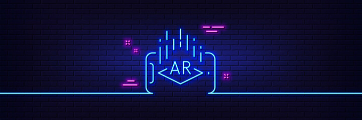 Neon light glow effect. Augmented reality phone line icon. VR simulation sign. 3d view symbol. 3d line neon glow icon. Brick wall banner. Augmented reality outline. Vector