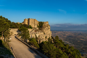 Fototapeta na wymiar View of the ruins of the castle in Erice, Sicily. City High on top of the mountain. Panorama of the surroundings.