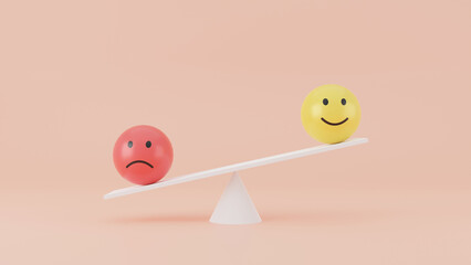 Sad face emotion icon outweigh more than happy face emotion icon on balance scales with orange background. 3d Render