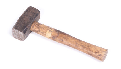 Old hammer with wooden handle isolated