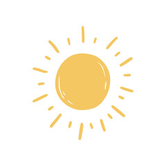 Doodle sun sketch illustration. Hand drawn cute orange sunshine. Scribble doodle children drawn style. Vector illustration