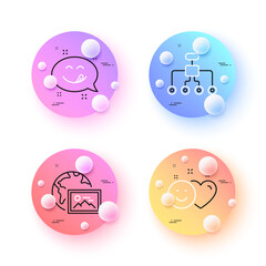 Smile, Web photo and Restructuring minimal line icons. 3d spheres or balls buttons. Yummy smile icons. For web, application, printing. Social media like, Image placeholder, Delegate. Emoticon. Vector