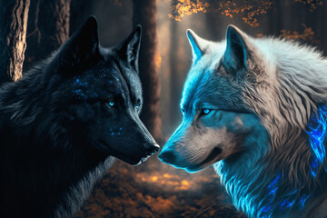black and white wolf face each other, love ,opposite, generative ai