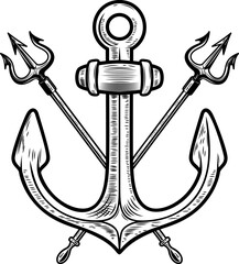 Illustration of sea anchor with crossed tridents. Design element for logo, sign, emblem. Vector illustration © liubov
