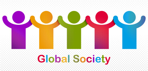 Worldwide people global society concept, different races solidarity, we stand as one, togetherness and friendship allegory, world unity cooperation, vector illustration logo or icon. - obrazy, fototapety, plakaty