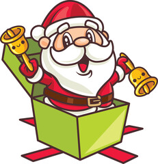 Merry Christmas with cartoon santa claus holding bells coming out from christmas present box illustration