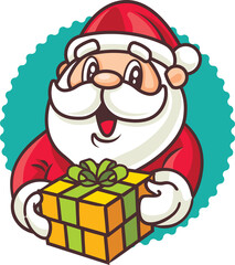 Merry Christmas with cartoon santa claus holding christmas present illustration