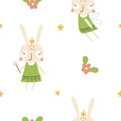 Seamless pattern with cute hares. Vector illustration isolated on white background for your design.
