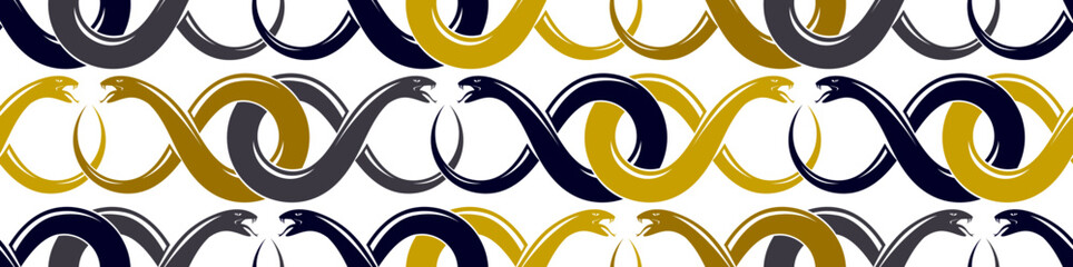 Snakes seamless background, vector dangerous venom serpents pattern, vintage style drawing tiling endless wallpaper.