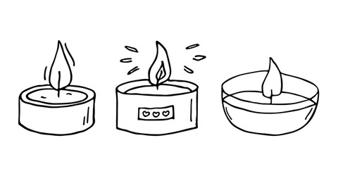 Burning candle set. Doodle illustration. Hand drawn clipart for card, logo, design
