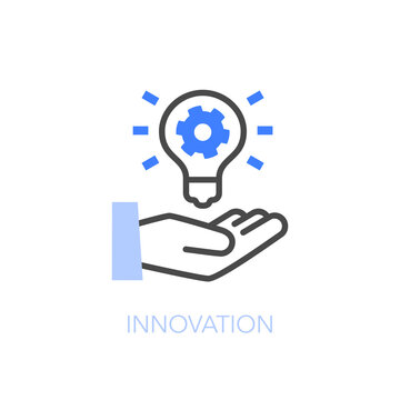 Simple visualised innovation icon symbol with a human hand and a light bulb.