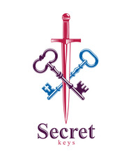 Crossed keys and dagger vector symbol emblem, turnkeys and sword, protected secrets, secured power, ancient vintage logo or emblem.