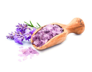 Lavender bath salt and lavender flower on white backgrounds.