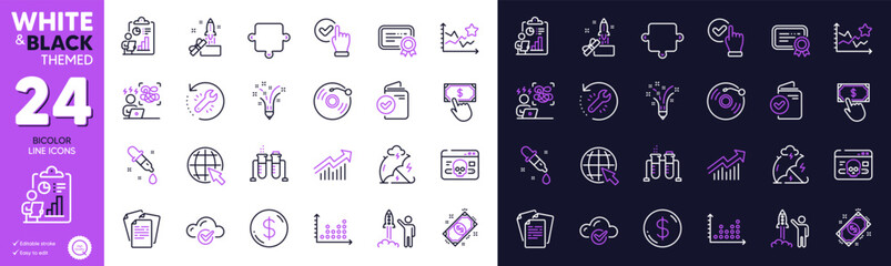 Cyber attack, Launch project and Puzzle line icons for website, printing. Collection of Checkbox, Certificate, Vinyl record icons. Dot plot, Payment click, Inspiration web elements. Vector