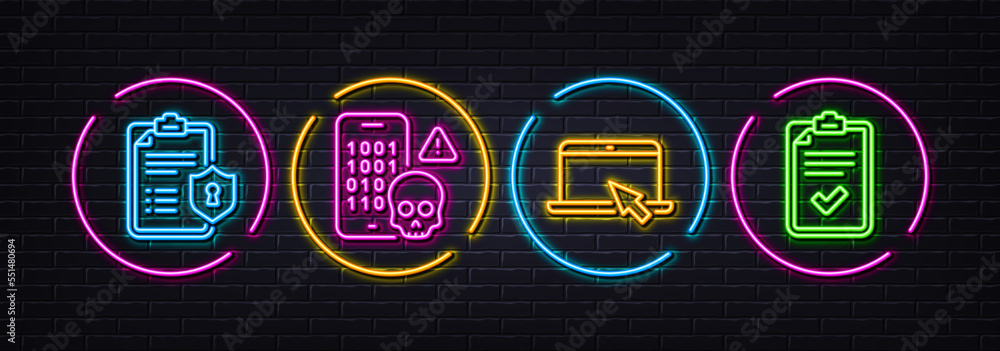 Poster privacy policy, cyber attack and portable computer minimal line icons. neon laser 3d lights. checkli